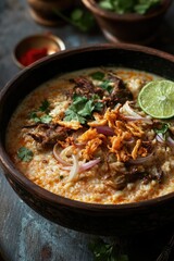 A vibrant and flavorful Indian-inspired soup, topped with herbs, a lime wedge, cilantro, and spices. Perfect for a satisfying and healthy dinner.