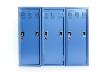 Three blue lockers with silver latches and handles. Useful for secure storage in schools, offices or industrial settings.