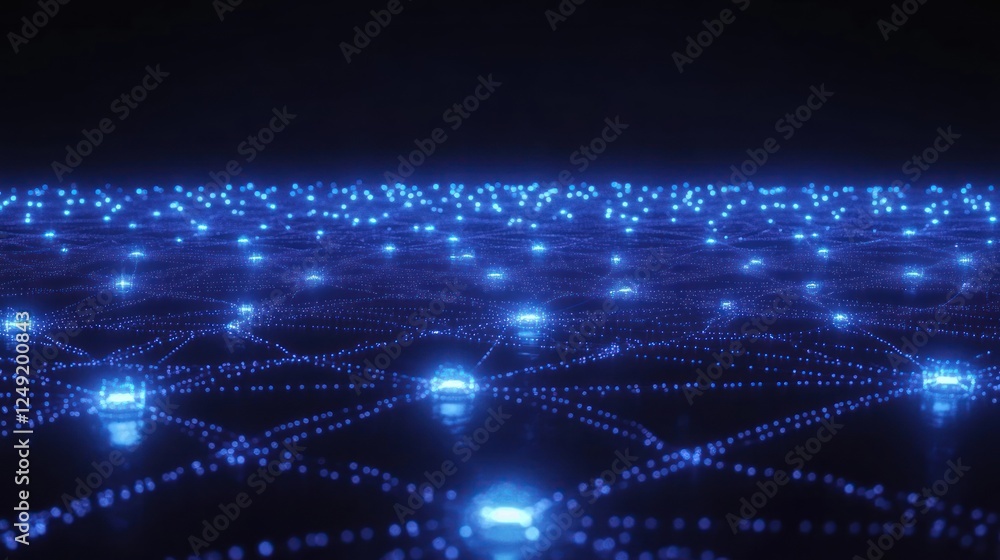 Aufkleber abstract blue glowing network connection lines and nodes on dark background.