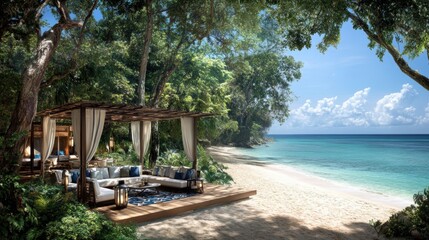 Serene Tropical Beachfront Lounge Surrounded by Lush Greenery