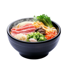 Steaming Bowl of Japanese Udon Noodle Soup with Pork, Vegetables, and Mushrooms