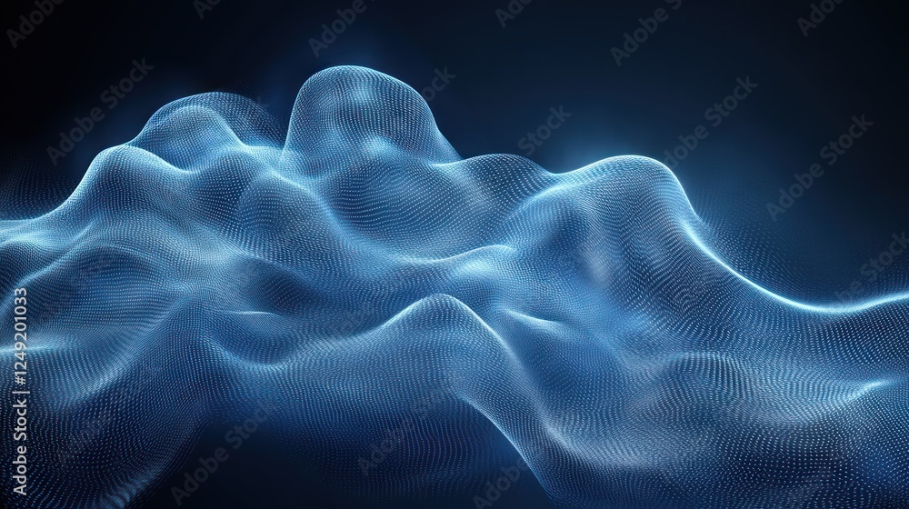 Poster abstract blue glowing wave particles, digital rendering.