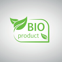 Ecological logo with green inscription &ldquo;BIO product&rdquo; and leaves on a light background.