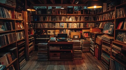 A vintage record shop with wooden shelves, stacks of vinyl records, and a turntable spinning under warm lighting
