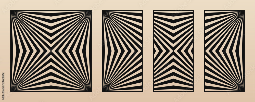 Aufkleber Vector set of modern laser cut panels. Stencils with abstract geometric pattern, diagonal broken lines, stripes, optical illusion. Decorative panels for cutting of wood, metal. Aspect ratio 1:2, 1:1
