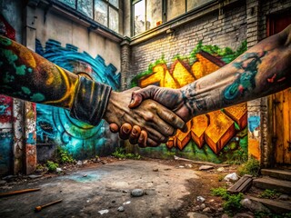 Fototapeta premium Urban Exploration Handshake: Graffiti Wall, Abandoned Building, Symbolic Agreement