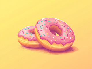 Pink frosted donuts with sprinkles on a light pink background. The donuts are visually appealing due to their vibrant colors and detailed illustration.