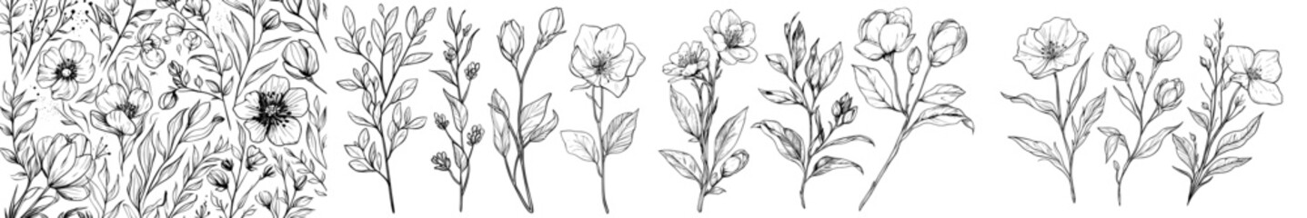 Modern collection featuring hand-drawn plants. A set of botanical sketches including flowers and branches