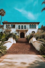 Naklejka premium Elegant Mediterranean-style mansion nestled among lush greenery with a grand staircase leading to the entrance under a bright blue sky