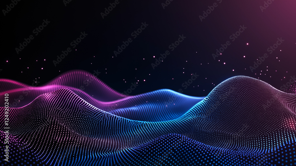 Poster digital wave: a mesmerizing abstract wave of interconnected blue and pink particles flows across a d