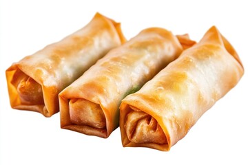These spring rolls are filled with meat and have a flaky, crispy pastry exterior. They're pan-fried for a crunchy texture and served as an appetizer or snack. Vegetarian option available.