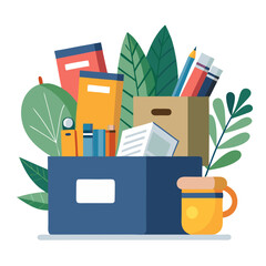 Cardboard boxes filled with office supplies and personal belongings are displayed, indicating preparation for moving or organizing a workspace