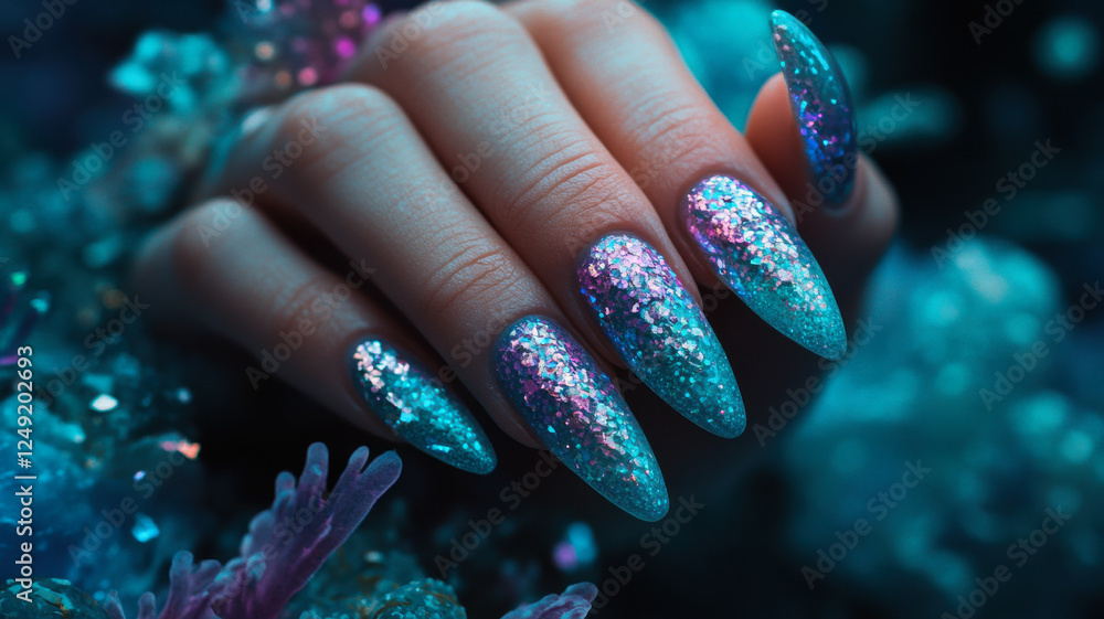 Wall mural Mermaid-inspired nails in iridescent turquoise and purple on a fanciful female hand