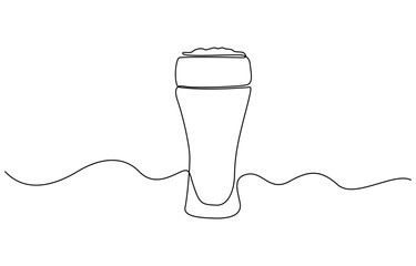 Continuous one line drawing of beer glass with foam craft barley alcohol drink in simple linear style, Continuous one line drawing of beer in a glass, outline style vector illustration.