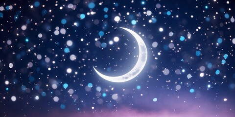 Naklejka premium Shimmering crescent moon illuminated by sparkling stars in a night sky over a tranquil landscape