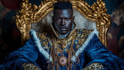 Obraz premium Man with regal posture in a sapphire velvet cape, surrounded by royal opulence