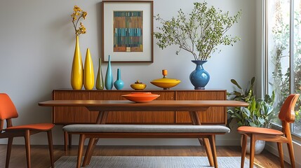 A retro dining area with a cantilevered table, upholstered bench seating, and a wooden credenza topped with colorful vases