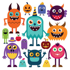 Fototapeta premium Cute Halloween Monsters Vector Art: Cartoon Character Illustrations for Kids, Spooky Fun Design Elements, Graphic Clipart Set