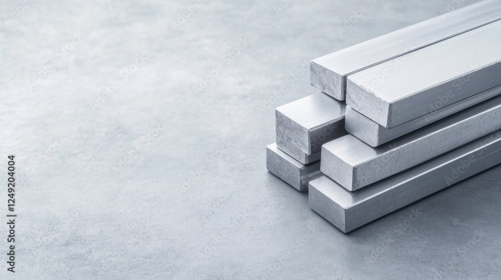Poster stack of shiny metal bars on a textured surface for industrial and manufacturing use in modern desig