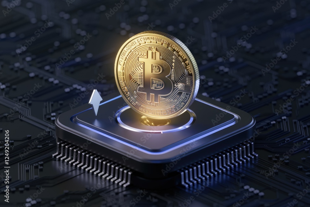 Poster a golden bitcoin rests on a computer chip, symbolizing cryptocurrency's digital nature and technolog