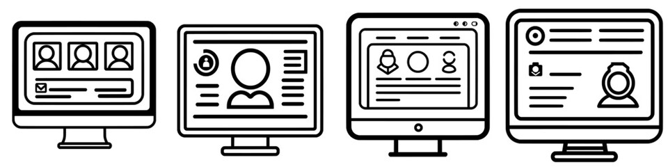 A black and white icon of a computer monitor showing a user profile symbol against a white background