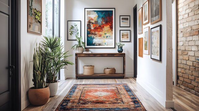 A stylish hallway with a console table, vintage mirror, and a gallery wall featuring abstract art pieces