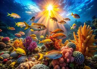 Vibrant Coral Reef with Dorado Fish Swimming, Underwater Scene, Tropical Ocean Life Stock Photo