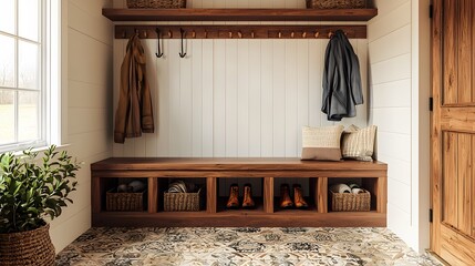 A minimalist mudroom with a bench, cubbies for shoes, and wooden hooks for hanging coats, framed by a patterned floor