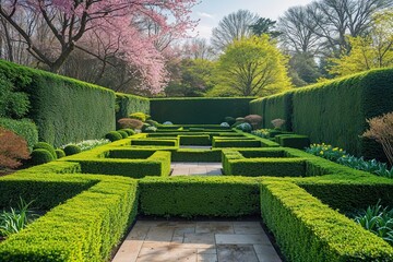 Lush Spring Foliage with Colorful Trimmed Hedges
