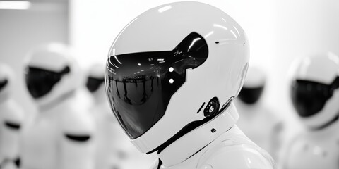 space mission preparation, an astronaut adjusting their spacesuit helmet, with a blurred team of engineers and mission control in the background