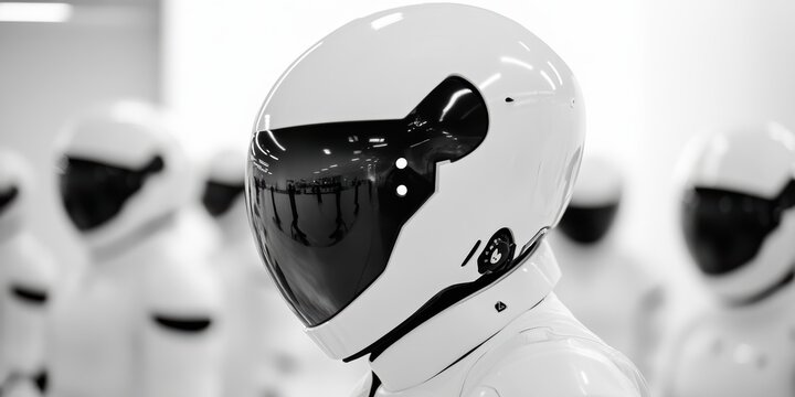 space mission preparation, an astronaut adjusting their spacesuit helmet, with a blurred team of engineers and mission control in the background