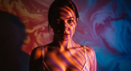 Woman's face covered obstructed and surrounded by Colorful Rainbow, expressive pride lgbtq love concept