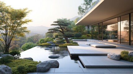 Fototapeta premium Zenith Serenity: Modern Minimalist Home with Tranquil Japanese Garden