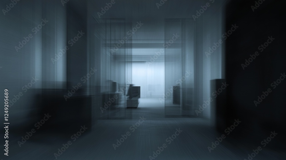 Poster abstract blurry image of a modern minimalist office interior with glass partitions and subtle lighti