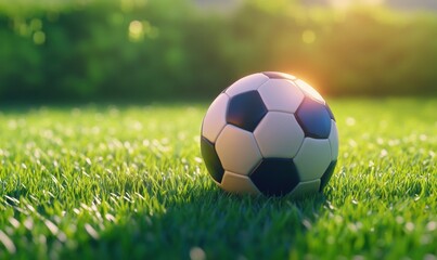Soccer ball on green grass, sunset, outdoor game