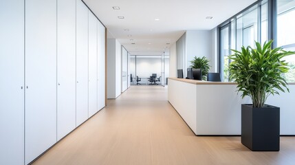 Modern office interior design with natural light and minimalist furniture for corporate environment