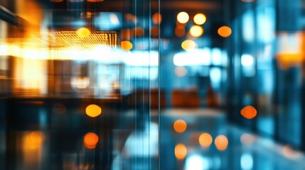 Fototapeta premium Abstract blurry image of a modern office interior at night, showcasing warm and cool lighting effects through glass panels.