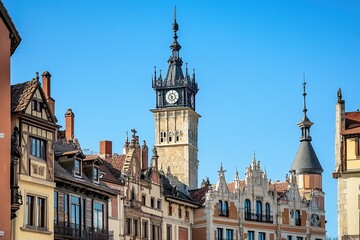 Fototapeta premium A panoramic view of the city center in Guillotin, Spain with its iconic clock tower and historic buildings