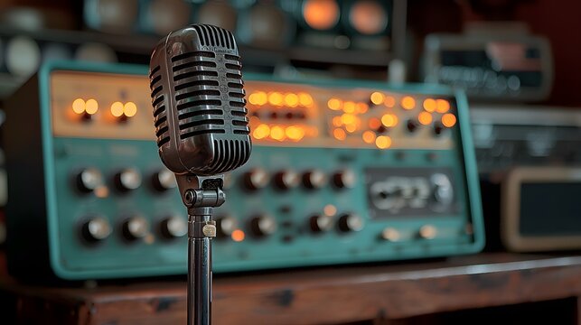 A vintage microphone setup in an old radio station, with glowing tube amplifiers and analog control panels
