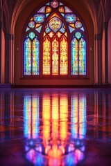 Obraz premium Cathedral stained glass window reflection, interior, worship
