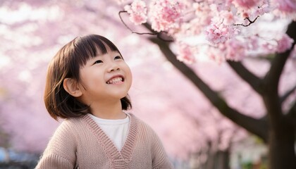 桜と笑顔の幼い少女（Cherry blossoms and a smiling young girl）

