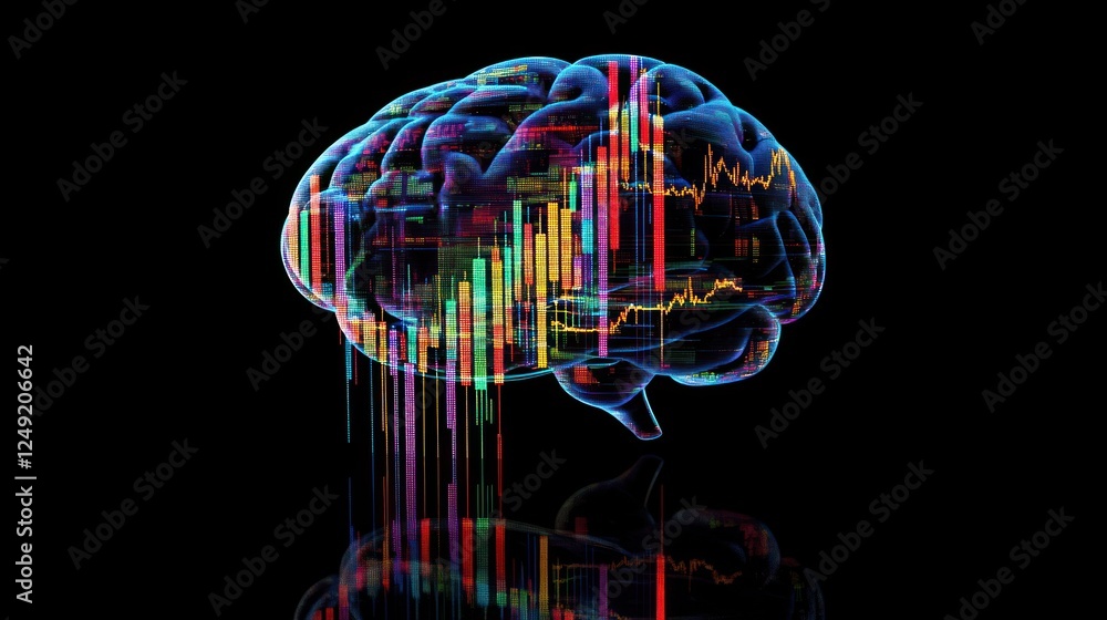 Poster abstract brain with colorful data streams reflecting on a dark surface.