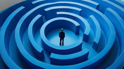 A person standing in the center of an intricate blue maze, symbolizing navigating complex challenges and personal growth