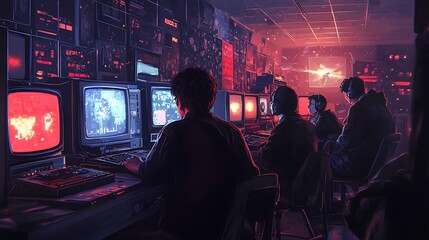 A nostalgic LAN party scene with friends gathered around CRT monitors, playing an old multiplayer game
