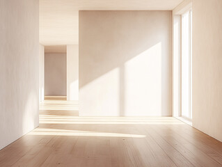 Fototapeta premium A bright, empty room with wooden floors, large windows, and sunlight streaming in, creating shadows on the floor and walls. 