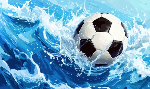 Soccer ball splashing in ocean waves, summer fun, water sports
