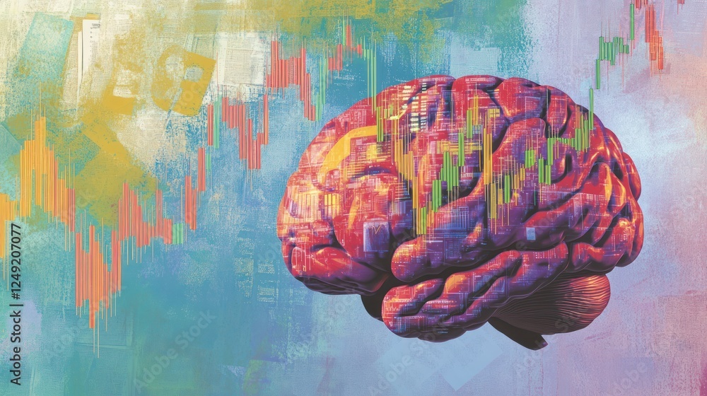 Poster abstract brain with stock market graph overlay.