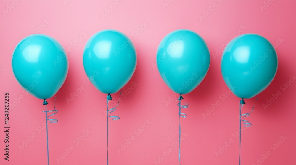Poster four vibrant blue balloons gracefully float against a soft pastel pink background, evoking a sense o