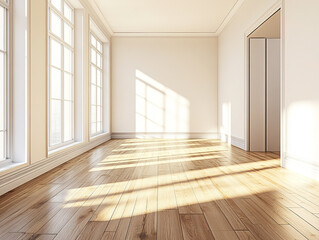 Fototapeta premium A bright, empty room with wooden floors, large windows, and sunlight streaming in, creating shadows on the floor and walls. 
