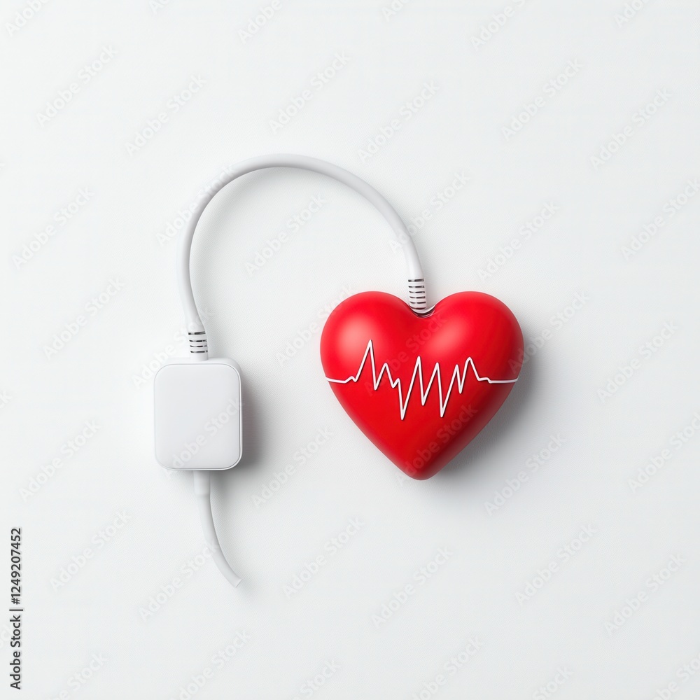 Aufkleber heart shaped object with pulse line and charging cable on white background for health and technology